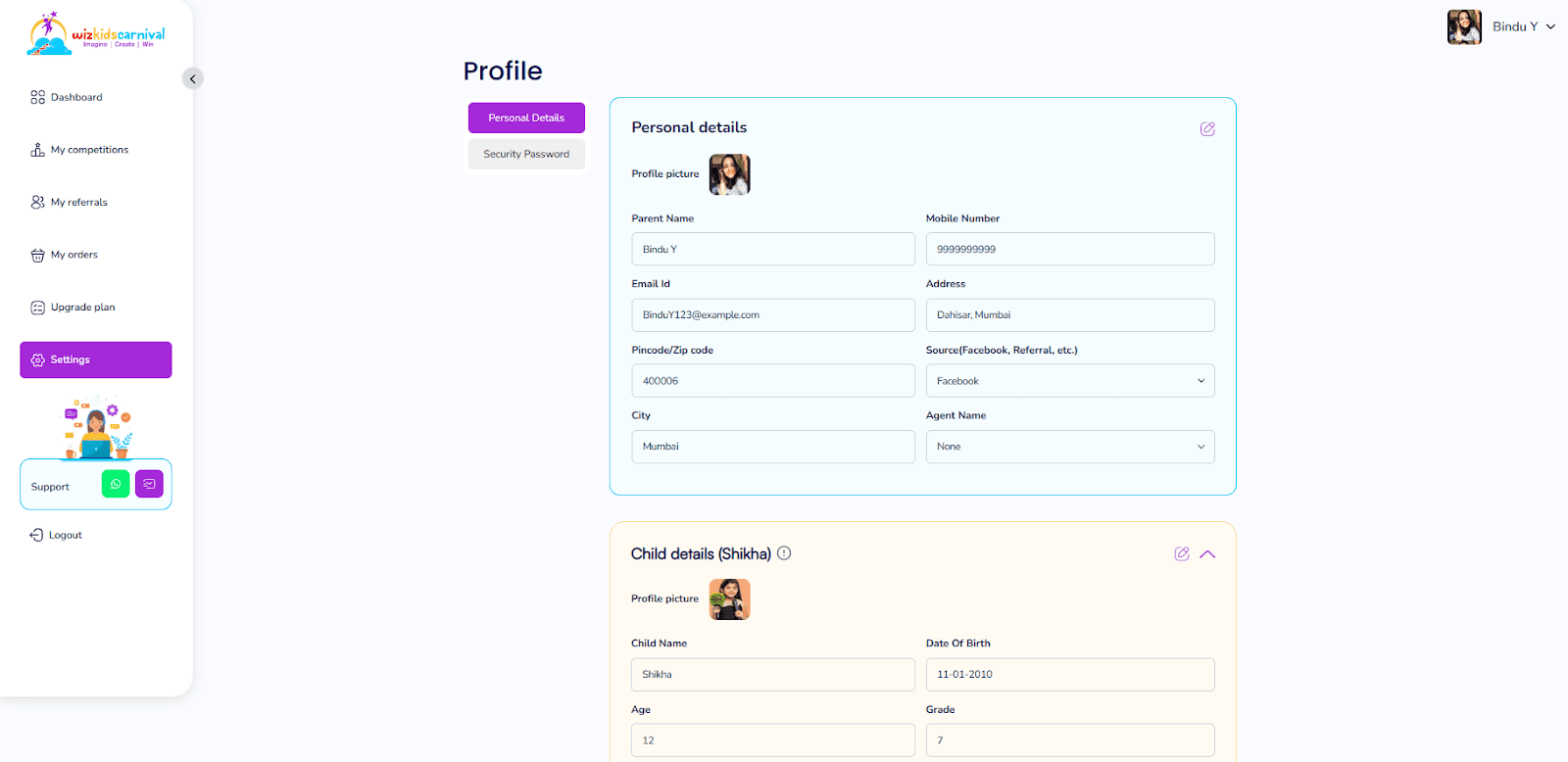 WizKidsCarnival parent dashboard, profile, multi-child management, and competition history
